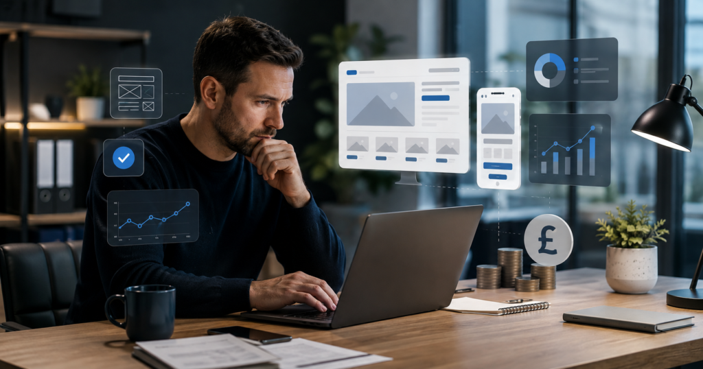Small business owner comparing website development costs in the UK